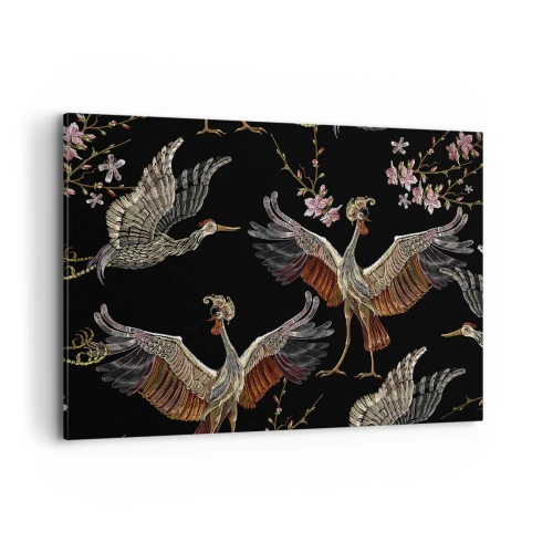 Impression sur toile - Image sur toile - Grues et fleurs élégantes sur fond noir - 100x70cm - Un oiseau de conte de fées - Décoration murale moderne pour le salon et la chambre ARTTOR