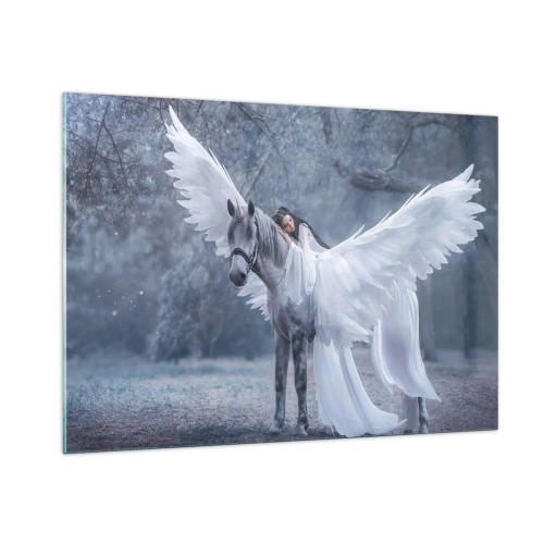 Impression sur verre - Image sur verre - Pégase aux ailes blanches et une femme en robe dans une forêt mystique - 100x70cm - Un moment inspiré - Décoration murale moderne pour le salon et la chambre ARTTOR