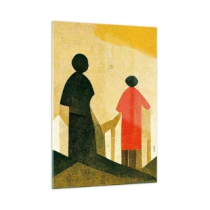Impression sur verre - Image sur verre - Silhouettes géométriques de personnages parmi de hautes formes sur fond de ciel jaune - 50x70cm - La route est encore longue - Décoration murale moderne pour le salon et la chambre ARTTOR