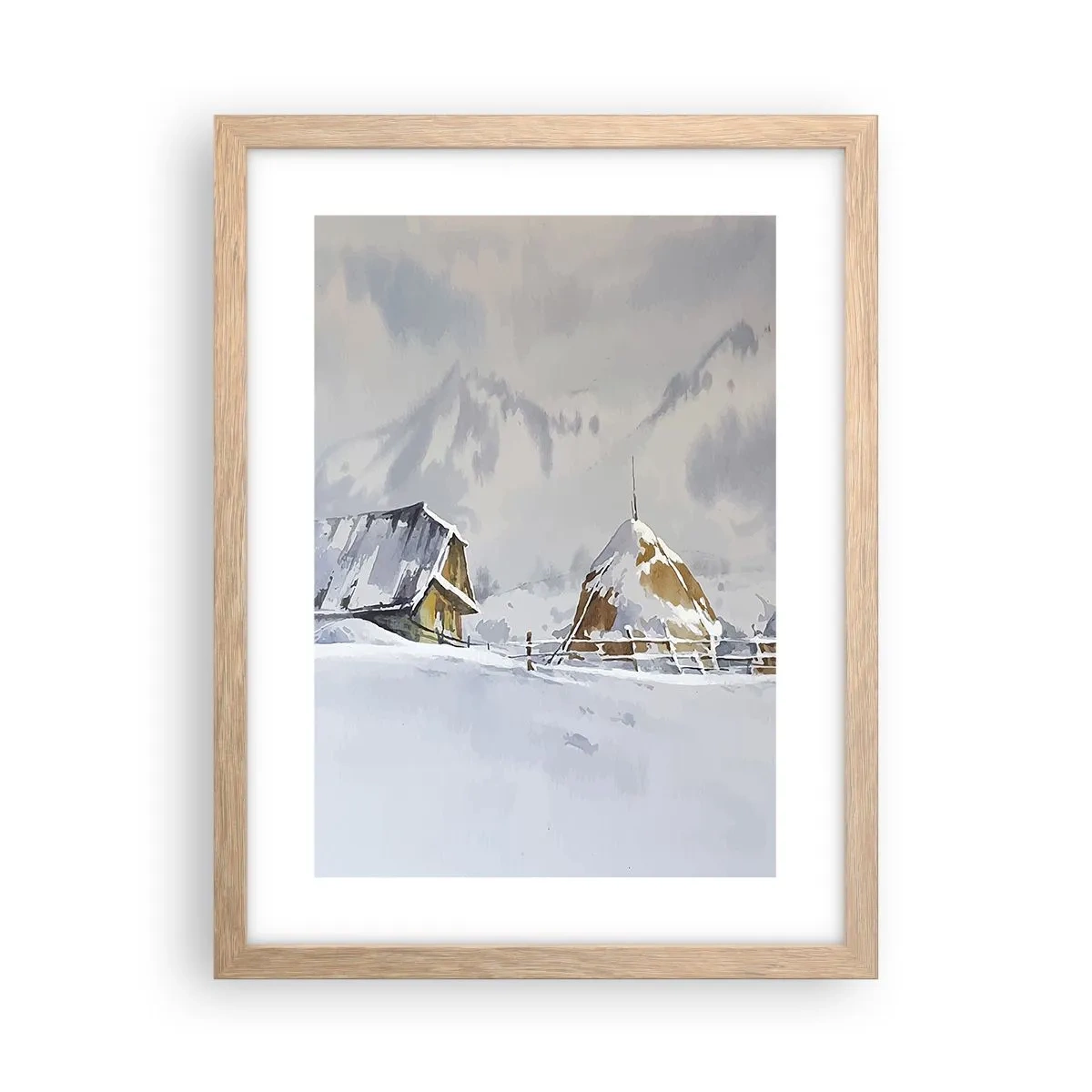 Affiche dans un chêne clair - Poster - Dans une vallée enneigée - 30x40 cm