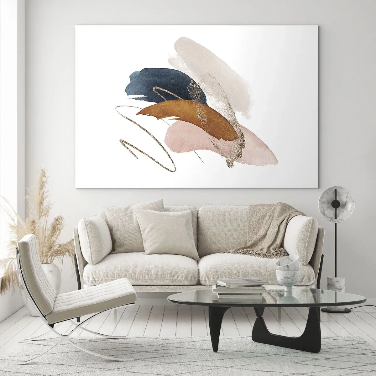 Impression sur verre - Image sur verre - Coups de pinceau abstraits aux couleurs douces - 70x50cm - Composition ailée - Décoration murale moderne pour le salon et la chambre ARTTOR