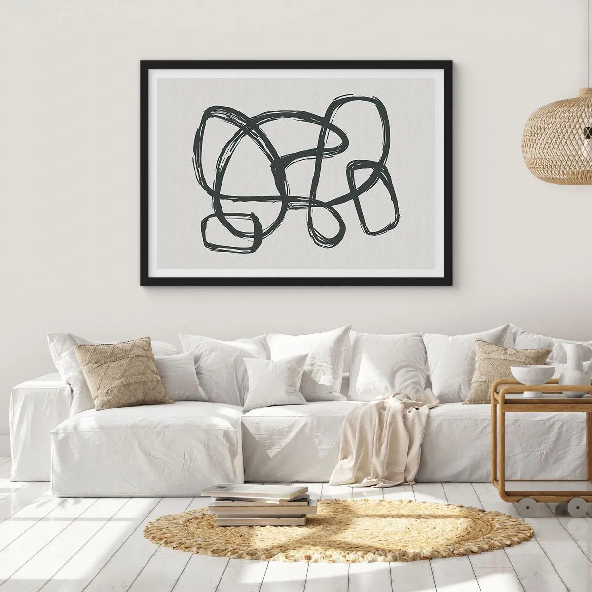 Affiche dans un cadre noir - Poster - Lignes abstraites créant des formes libres sur un fond clair - 70x50cm - Abstraction en boucle - Décoration murale moderne pour le salon et la chambre ARTTOR