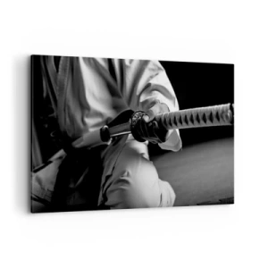 Impression sur toile - Image sur toile - Un samouraï en kimono tenant un katana en noir et blanc. - 120x80cm - Âme de guerrier - Décoration murale moderne pour le salon et la chambre ARTTOR