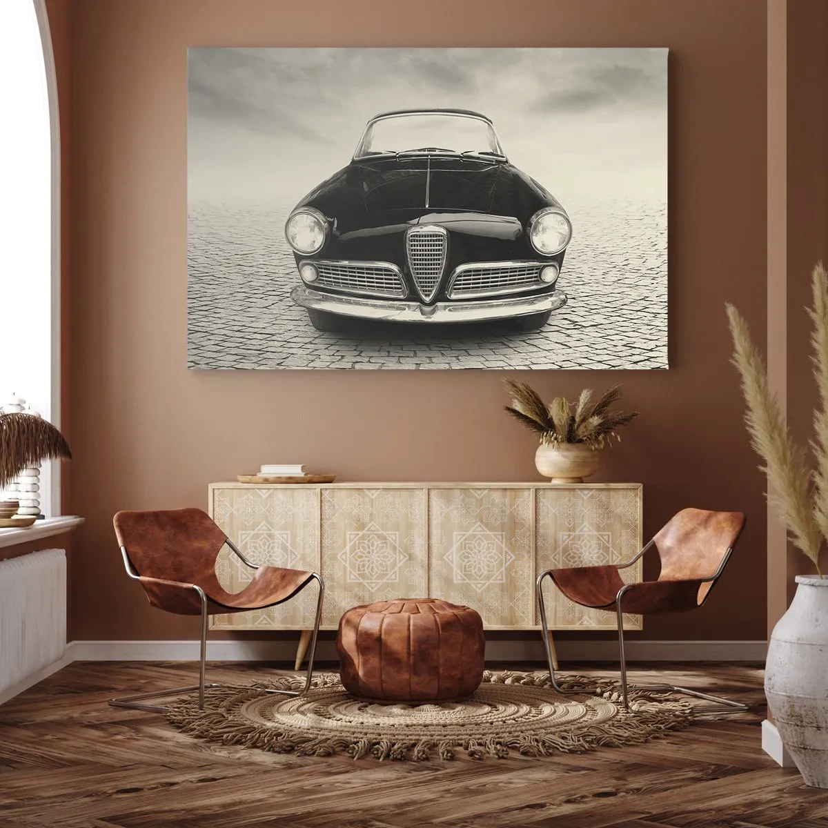 Impression sur toile - Image sur toile - Une voiture classique sur une place pavée dans un style monochrome - 120x80cm - Et alors! Tu ne m'aime pas? - Décoration murale moderne pour le salon et la chambre ARTTOR