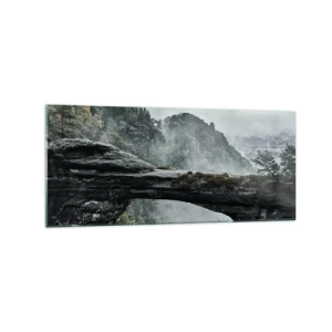 Impression sur verre - Image sur verre - Une arche de pierre entourée de montagnes brumeuses et de forêts - 120x50cm - L'aventure est sur le point de commencer - Décoration murale moderne pour le salon et la chambre ARTTOR