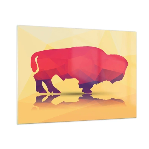 Impression sur verre - Image sur verre - Bison géométrique aux couleurs chaudes - 100x70cm - La force amarante du bison - Décoration murale moderne pour le salon et la chambre ARTTOR
