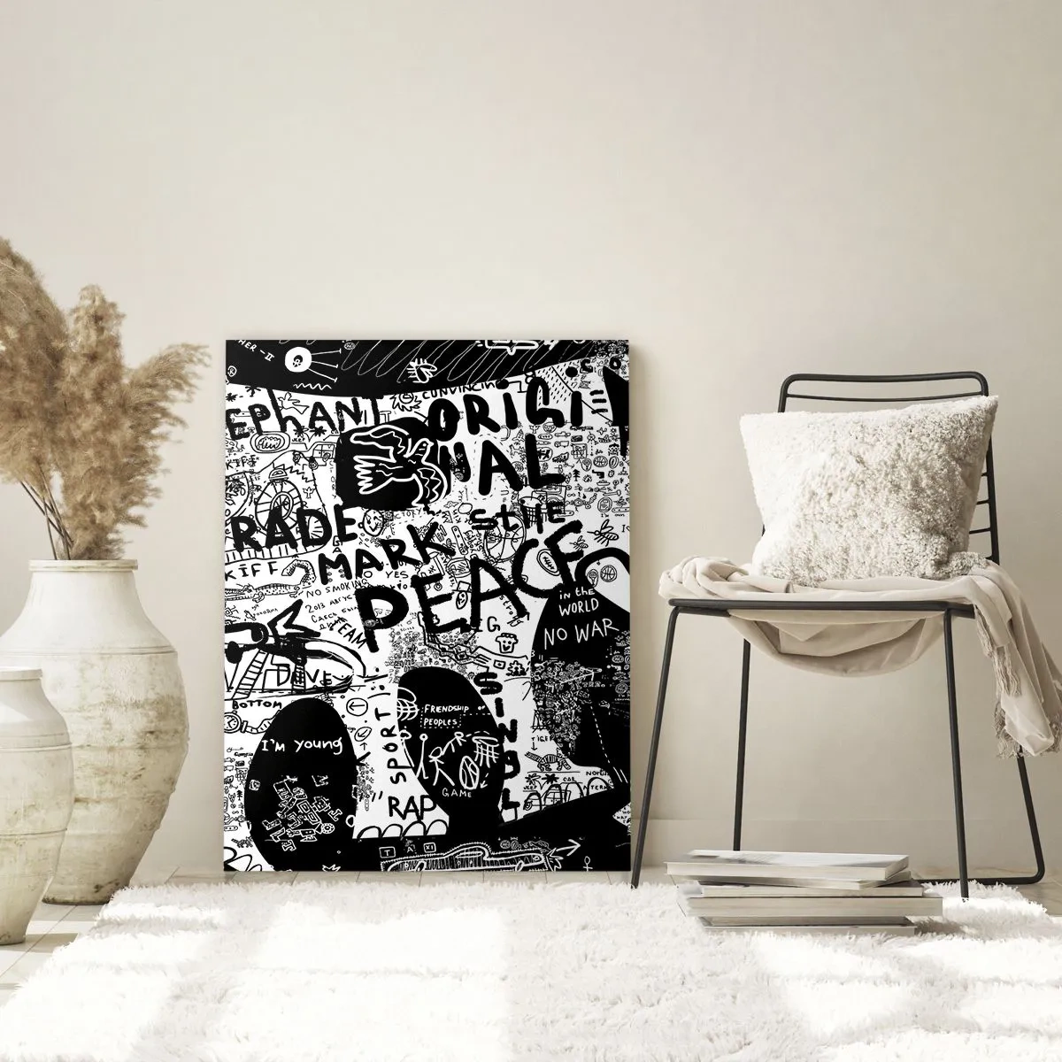Impression sur verre - Image sur verre - Image de graffiti en noir et blanc avec des thèmes de paix et de liberté - 50x70cm - La richesse des rues - Décoration murale moderne pour le salon et la chambre ARTTOR