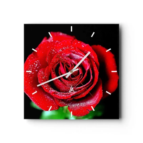 Horloge murale - Pendule murale - Une rose rouge couverte de gouttes de rosée sur fond noir. - 30x30cm - C'est ça l'amour - Décoration murale moderne pour le salon et la chambre ARTTOR