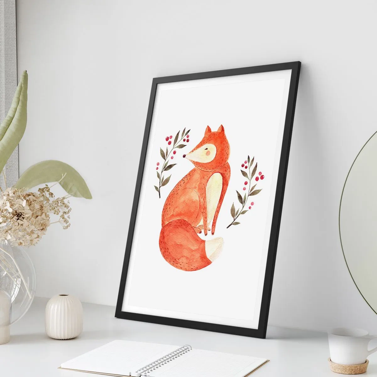 Affiche dans un cadre noir - Poster - Illustration d'un renard entouré de branches portant des fruits rouges - 50x70cm - Petit rouquin - Décoration murale moderne pour le salon et la chambre ARTTOR