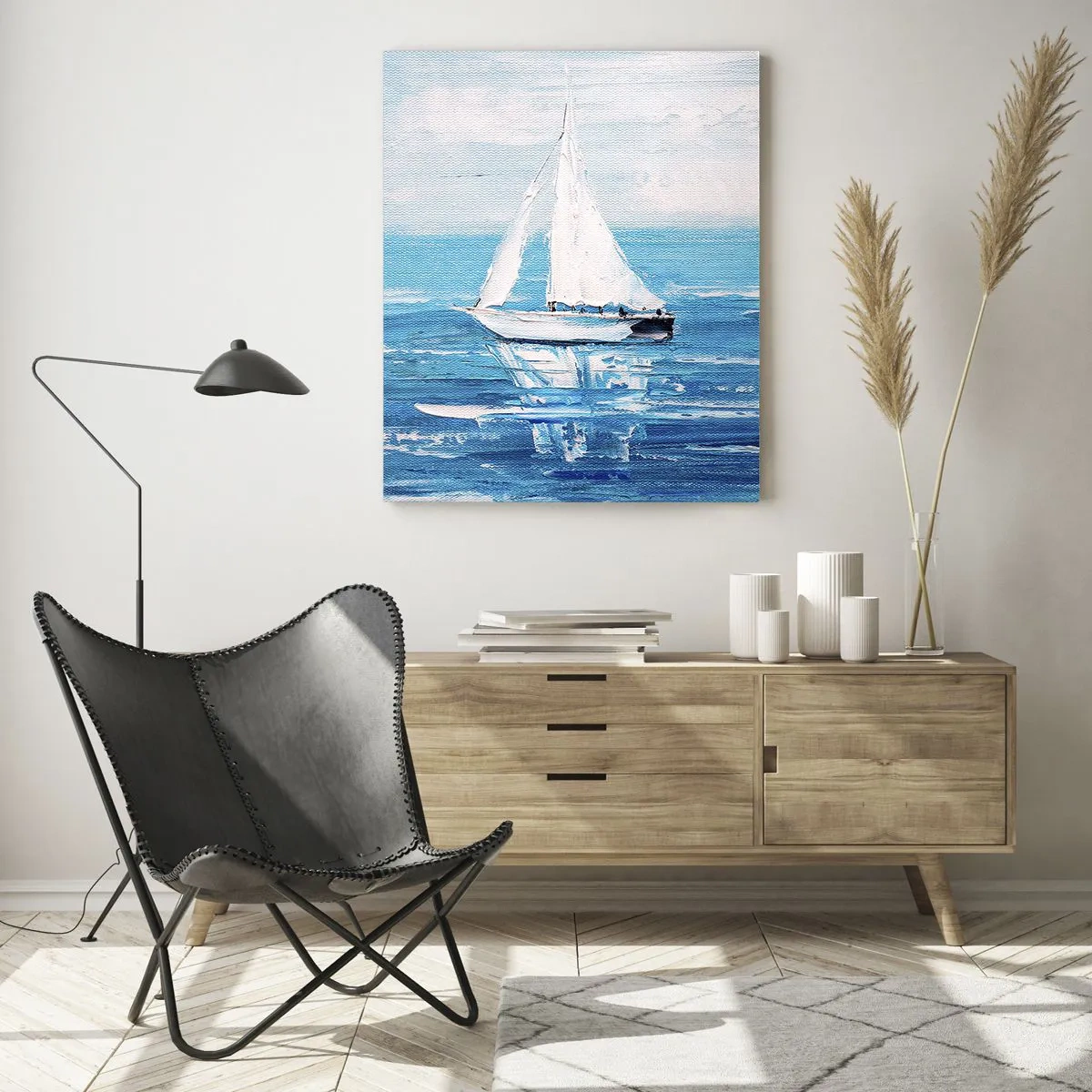 Impression sur verre - Image sur verre - Yachts sur la mer bleue dans un style artistique - 80x120cm - Avec un ami à mes côtés - Décoration murale moderne pour le salon et la chambre ARTTOR