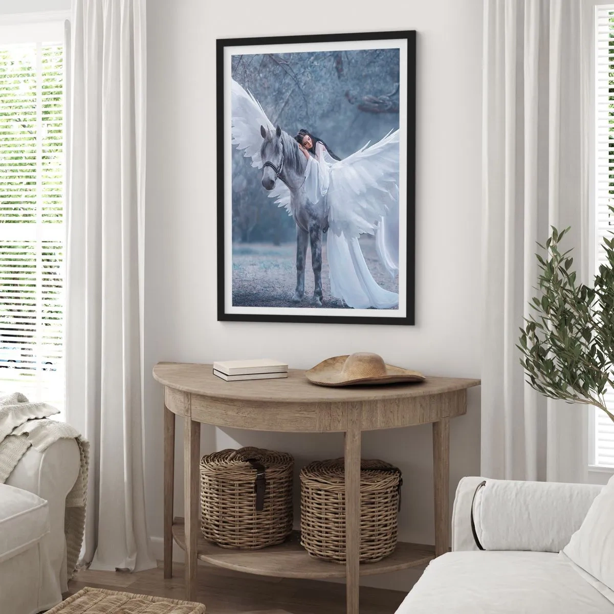 Affiche dans un cadre noir - Poster - Pégase aux ailes blanches et à la silhouette éthérée - 50x70cm - Un moment inspiré - Décoration murale moderne pour le salon et la chambre ARTTOR