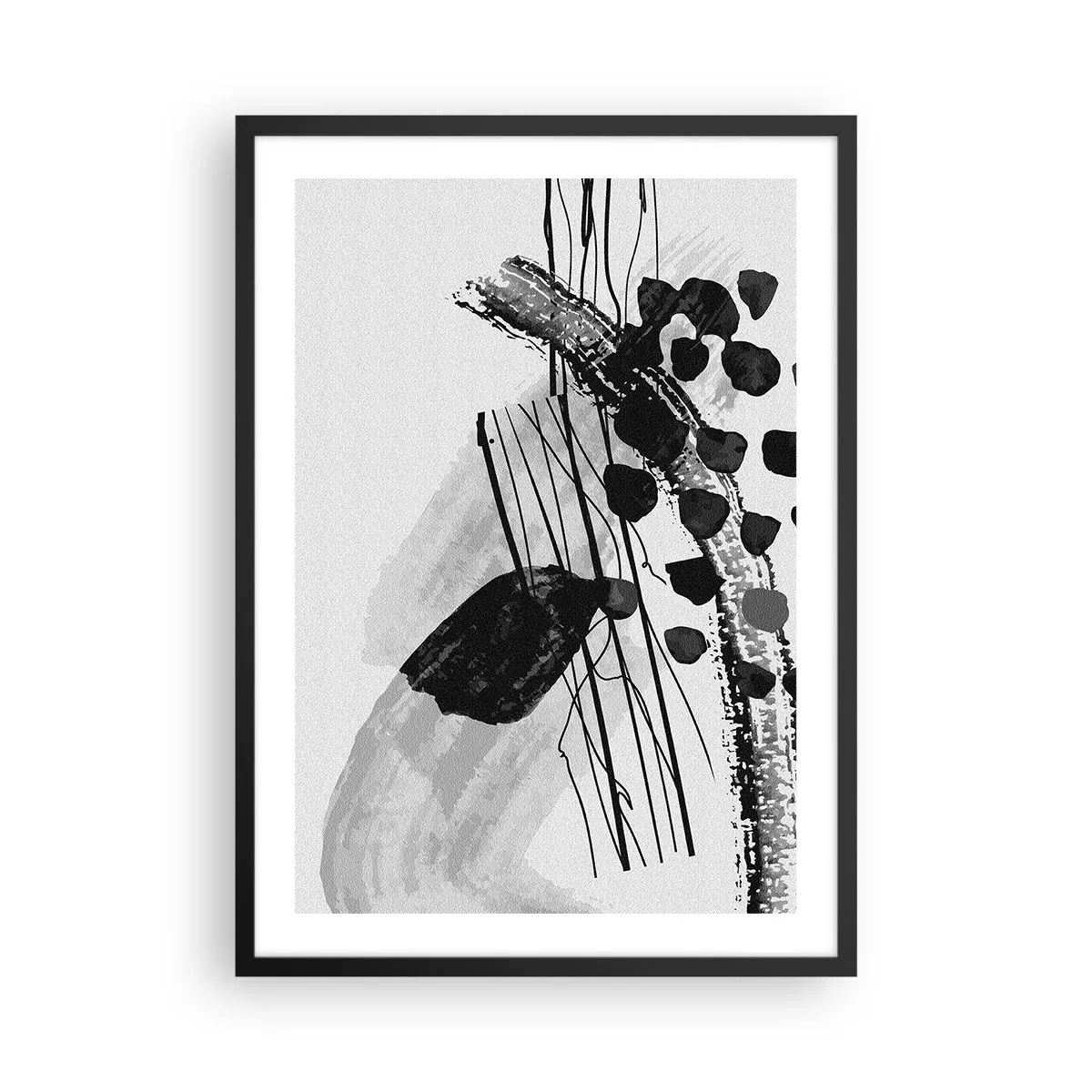 Affiche dans un cadre noir - Poster - Abstraction moderne en noir et blanc avec des lignes dynamiques - 50x70cm - Abstraction organique noir et blanc - Décoration murale moderne pour le salon et la chambre ARTTOR