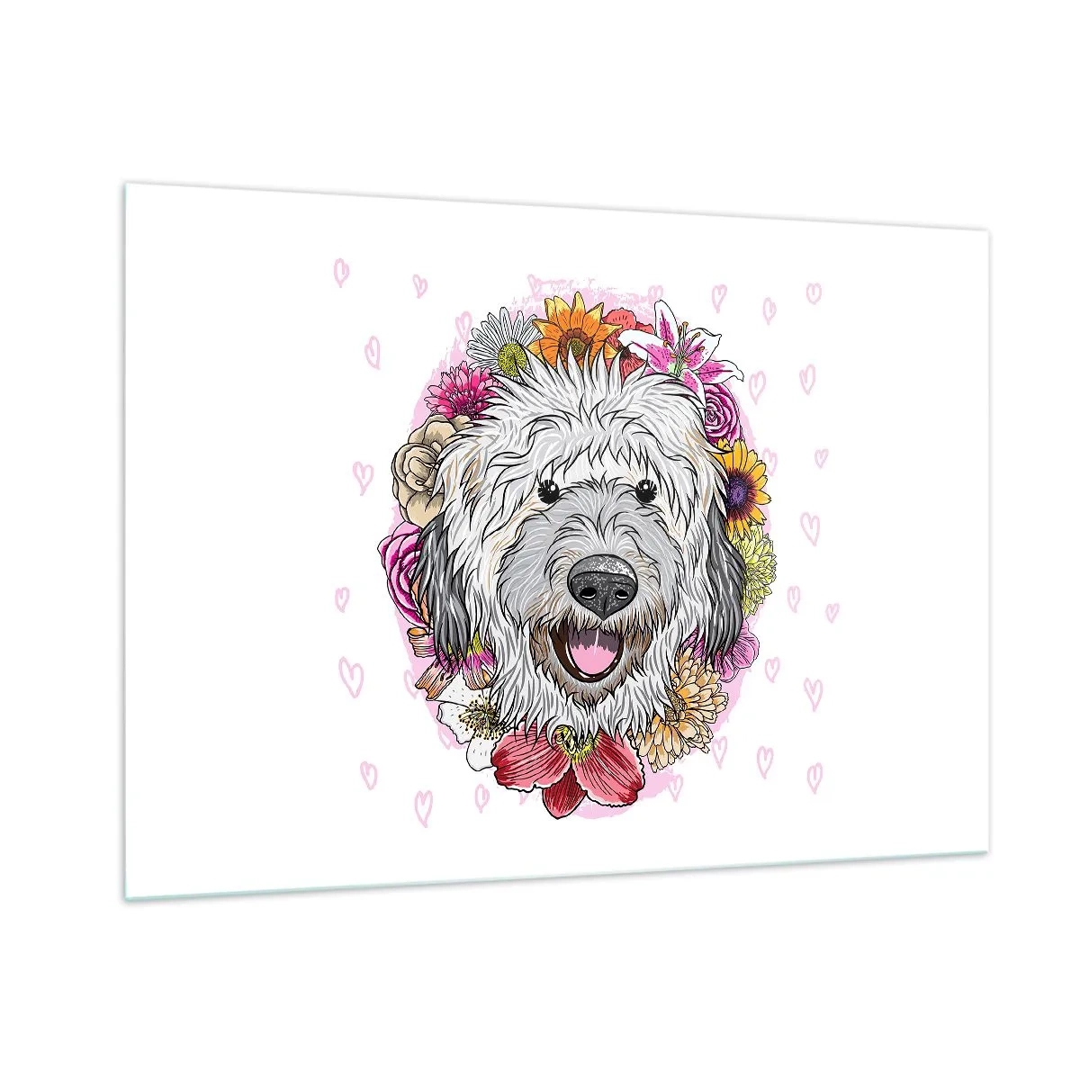 Impression sur verre - Image sur verre - Illustration d'un chien entouré de fleurs - 100x70cm - La joie du chiot - Décoration murale moderne pour le salon et la chambre ARTTOR