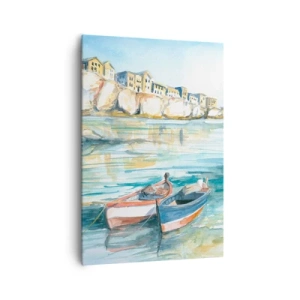 Impression sur toile - Image sur toile - Un paysage balnéaire pittoresque avec des bateaux sur l'eau - 70x100cm - Paysage dans l'azur - Décoration murale moderne pour le salon et la chambre ARTTOR