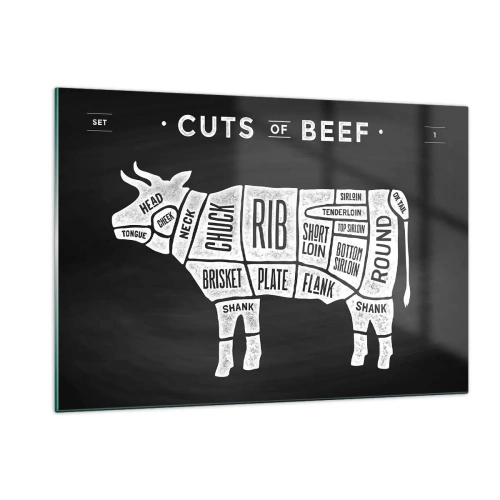 Impression sur verre - Image sur verre - Diagramme de coupe de bœuf sur un tableau noir - 120x80cm - L'art de la découpe - Décoration murale moderne pour le salon et la chambre ARTTOR