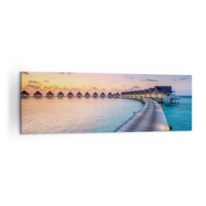 Impression sur toile - Image sur toile - La jetée menant aux chalets au bord de l'eau au coucher du soleil - 160x50cm - Vacances - retour aux sources - Décoration murale moderne pour le salon et la chambre ARTTOR