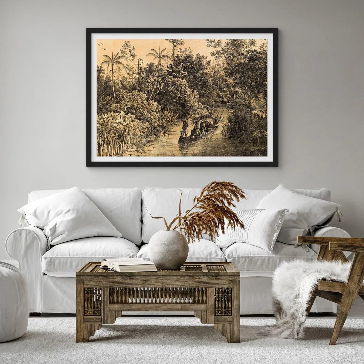 Affiche dans un cadre noir - Poster - Dessin d'une jungle avec un bateau sur une rivière - 100x70cm - Expédition à la source - Décoration murale moderne pour le salon et la chambre ARTTOR