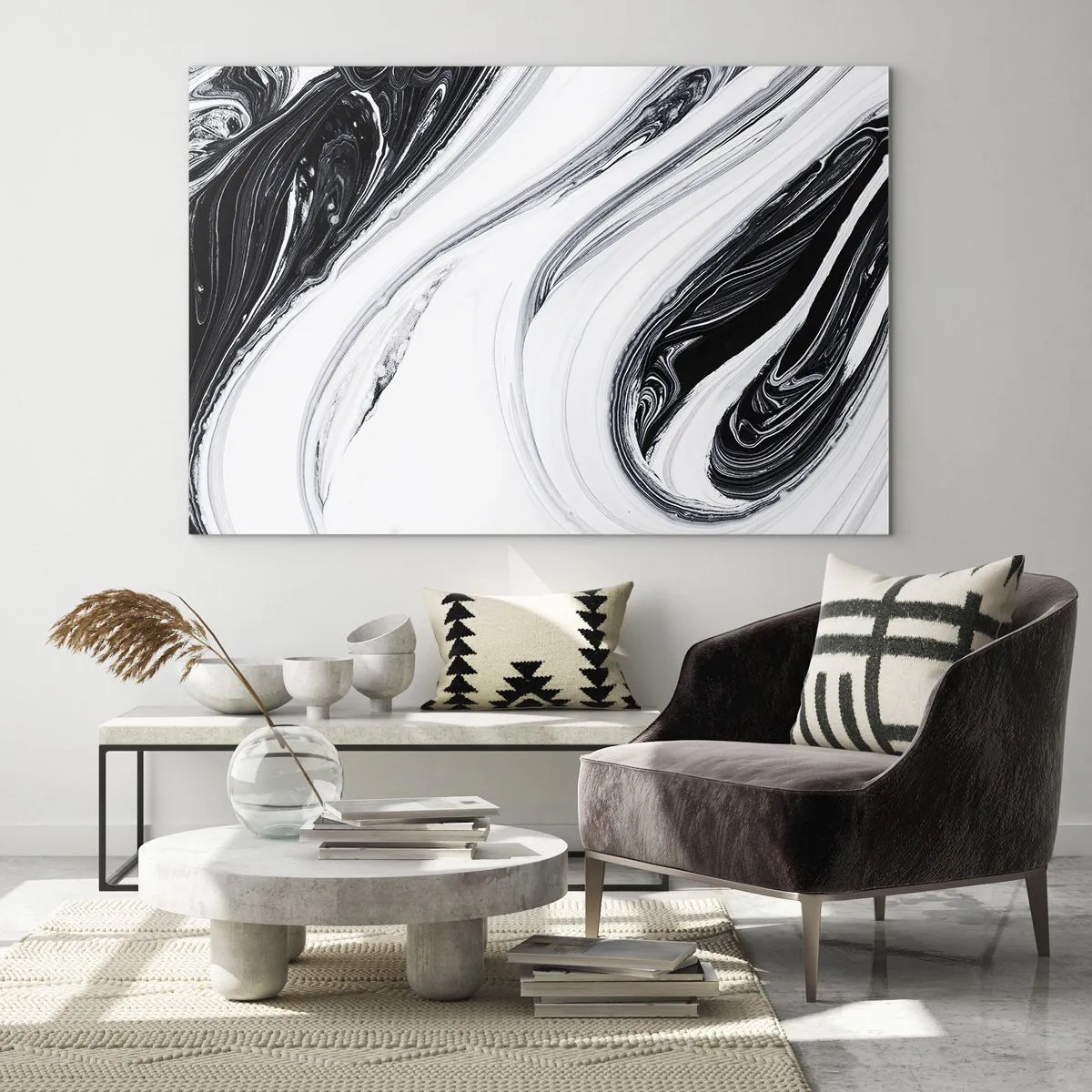 Impression sur verre - Image sur verre - Lignes tourbillonnantes noires et blanches ressemblant à du marbre dans un style abstrait - 70x50cm - Une combinaison d'opposés - Décoration murale moderne pour le salon et la chambre ARTTOR
