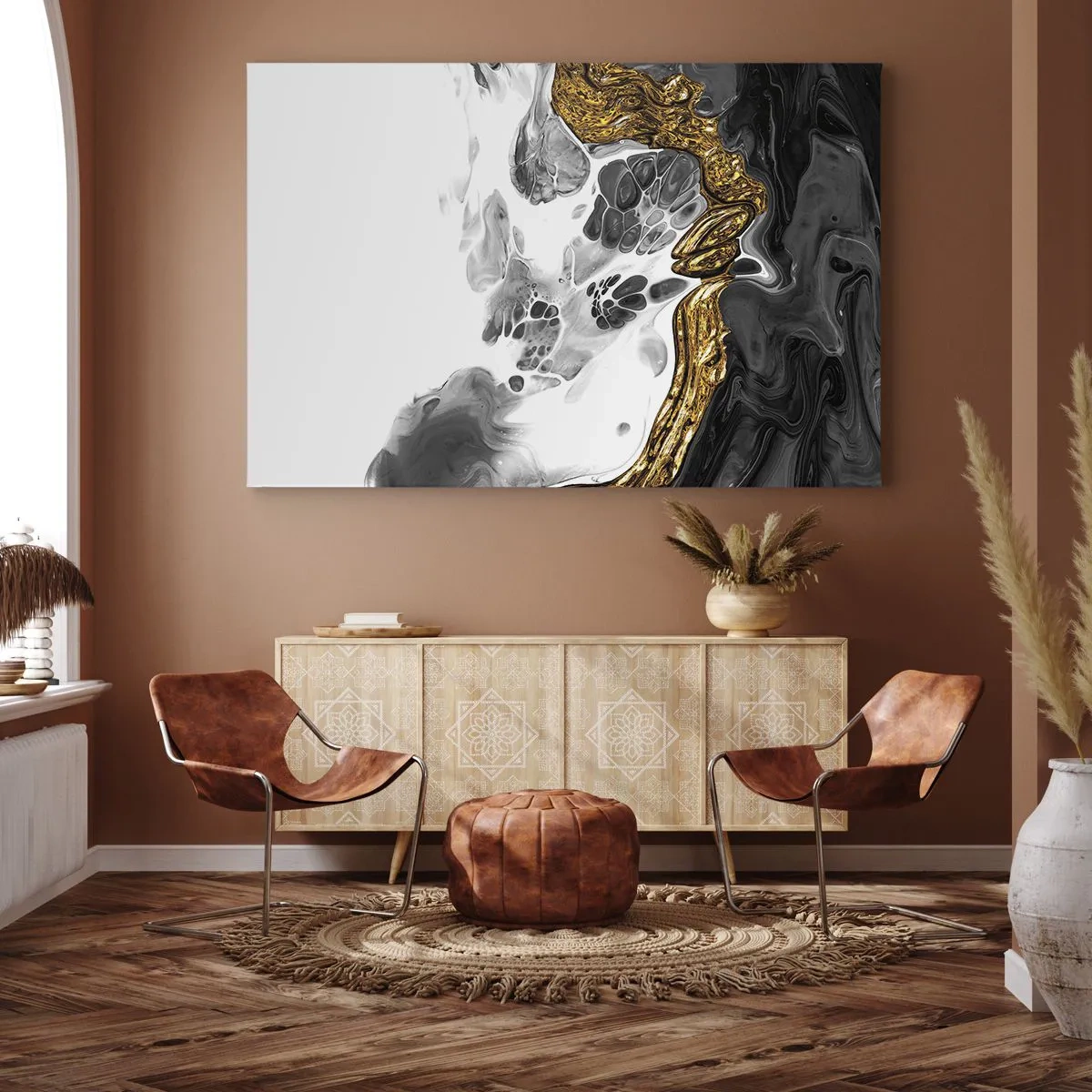 Impression sur toile - Image sur toile - Une composition abstraite avec des accents d'or et de noir. - 100x70cm - Composition organique - Décoration murale moderne pour le salon et la chambre ARTTOR