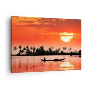 Impression sur toile - Image sur toile - Coucher de soleil tropical avec un bateau et des palmiers en arrière-plan - 70x50cm - La tranquillité des tropiques au coucher du soleil - Décoration murale moderne pour le salon et la chambre ARTTOR