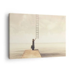 Impression sur toile - Image sur toile - Une femme debout sur une jetée avec une échelle menant au ciel - 70x50cm - Voyage magique - Décoration murale moderne pour le salon et la chambre ARTTOR