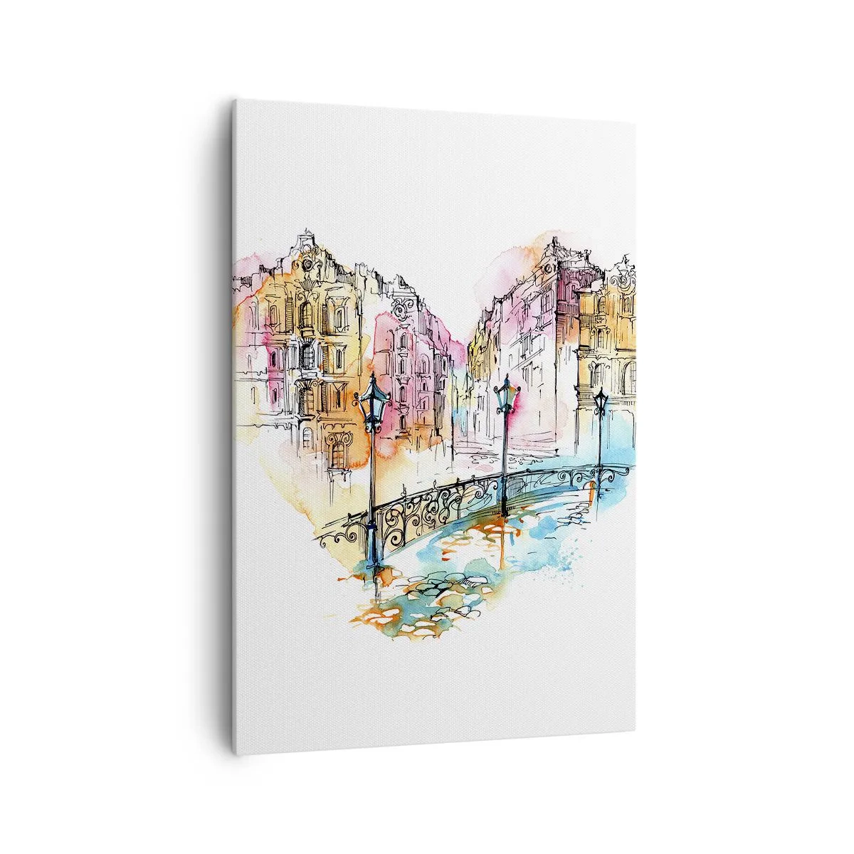 Impression sur toile - Image sur toile - Aquarelle d'un pont et de maisons en forme de cœur - 70x100cm - Le coeur de la ville - Décoration murale moderne pour le salon et la chambre ARTTOR