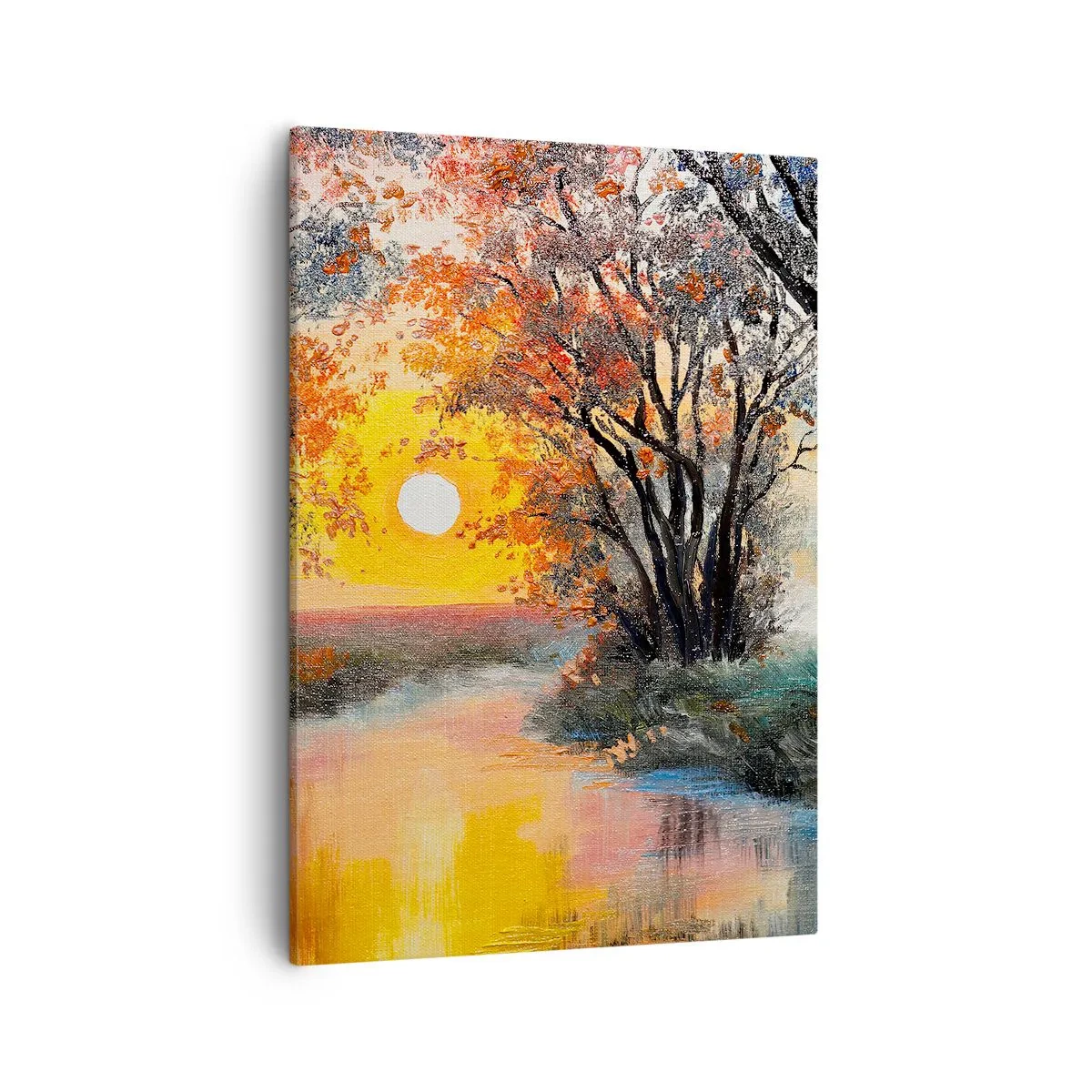 Impression sur toile - Image sur toile - Coucher de soleil sur la rivière dans un paysage d'automne - 50x70cm - Climats de printemps - Décoration murale moderne pour le salon et la chambre ARTTOR