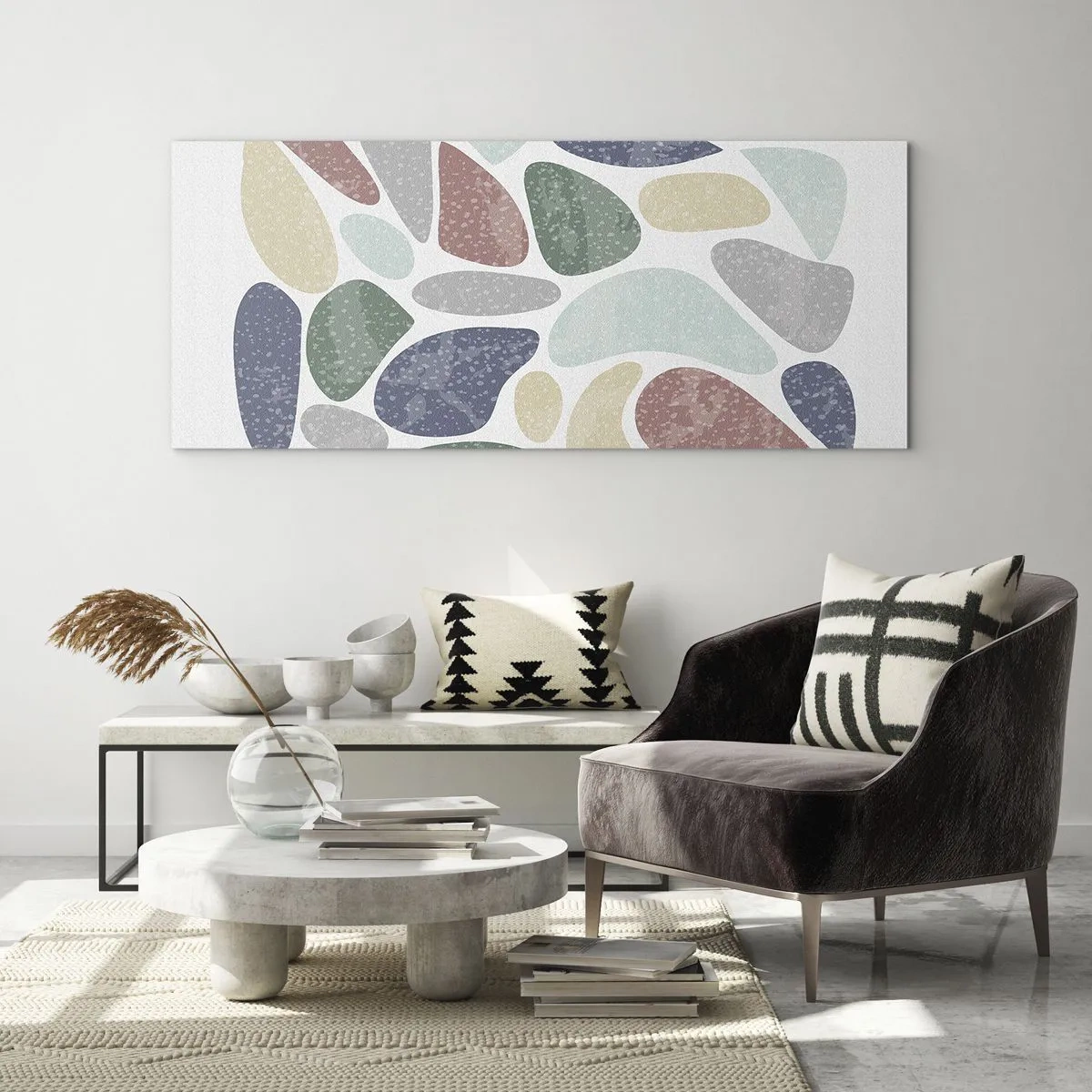 Impression sur verre - Image sur verre - Formes organiques colorées sur fond blanc - 120x50cm - Une mosaïque de couleurs poudrées - Décoration murale moderne pour le salon et la chambre ARTTOR