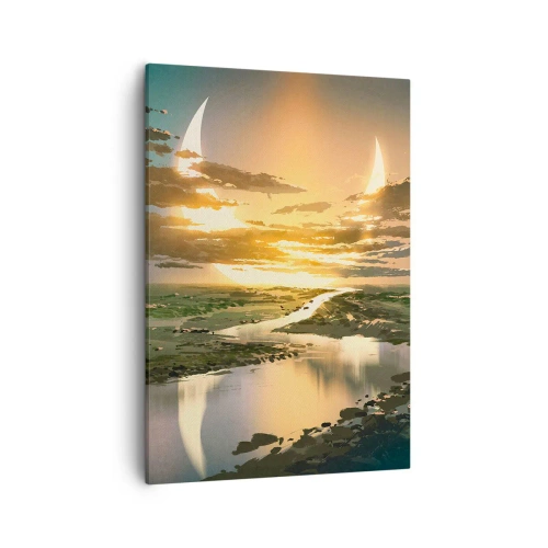 Impression sur toile - Image sur toile - Un paysage fantastique avec deux lunes à l'horizon - 50x70cm - Quelque part dans une galaxie lointaine, très lointaine - Décoration murale moderne pour le salon et la chambre ARTTOR