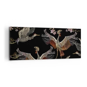 Impression sur toile - Image sur toile - Grues et fleurs élégantes sur fond noir - 120x50cm - Un oiseau de conte de fées - Décoration murale moderne pour le salon et la chambre ARTTOR
