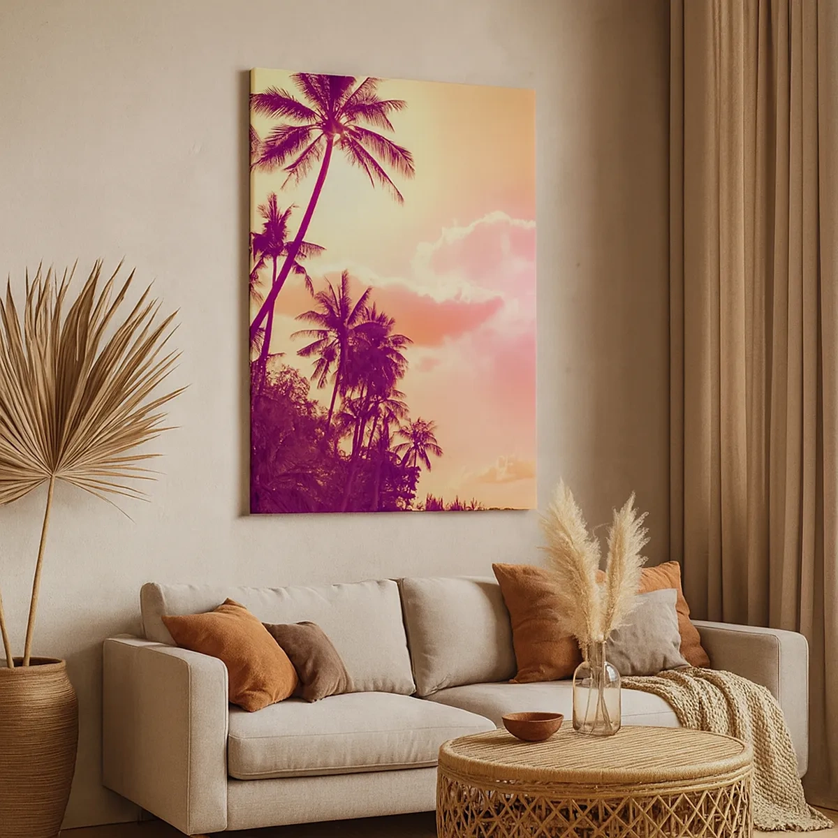 Impression sur toile - Image sur toile - Palmiers illuminés par le soleil couchant dans un ciel tropical - 50x70cm - Tu dois choisir - Décoration murale moderne pour le salon et la chambre ARTTOR