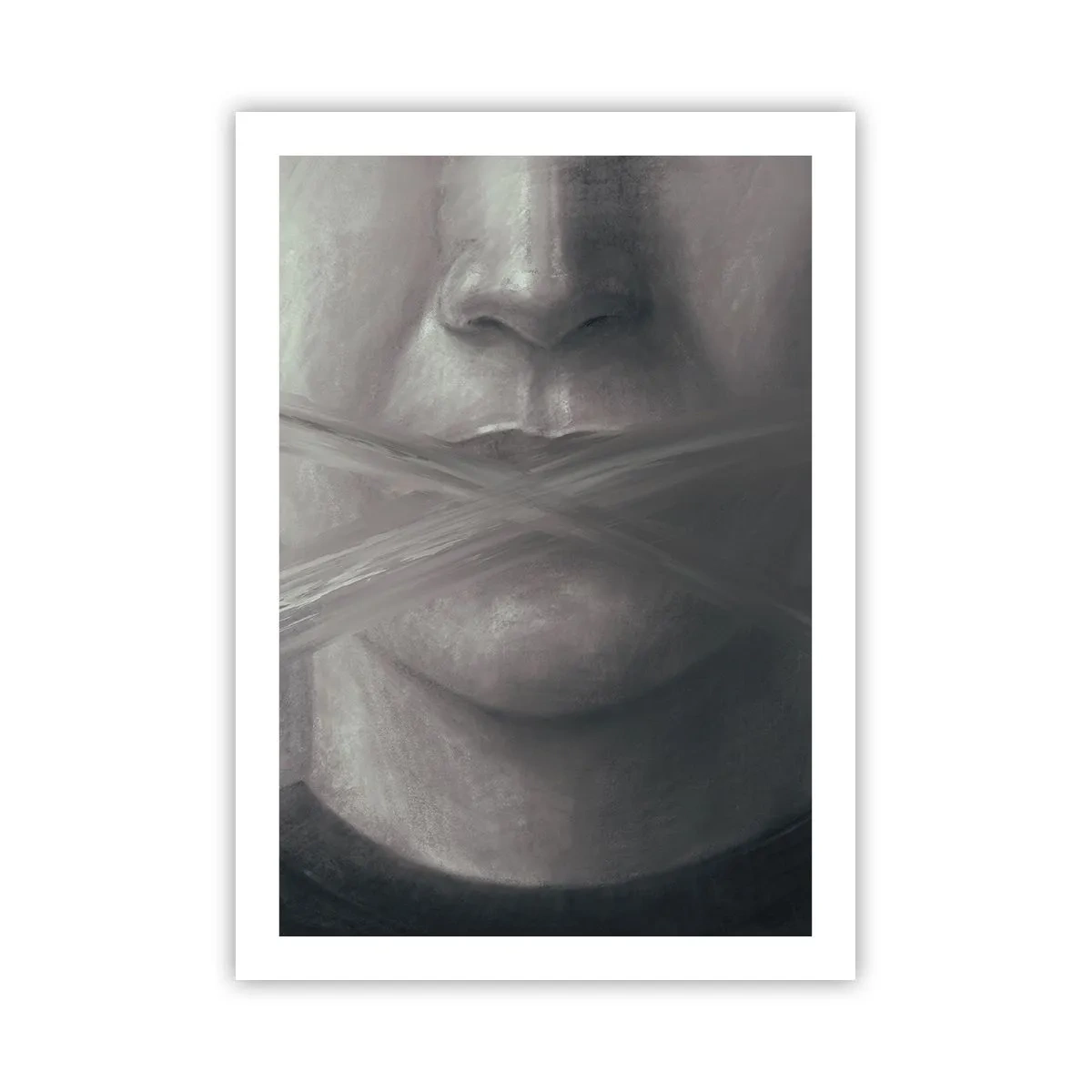 Affiche - Poster - Un visage symbolique avec une bouche couverte aux couleurs monochromes. - 50x70cm - Sans mot - Décoration murale moderne pour le salon et la chambre ARTTOR