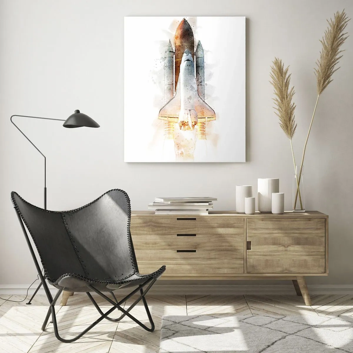 Impression sur verre - Image sur verre - Une navette spatiale décollant dans un style aquarelle sur fond blanc. - 50x70cm - Des explorateurs pour commencer - Décoration murale moderne pour le salon et la chambre ARTTOR