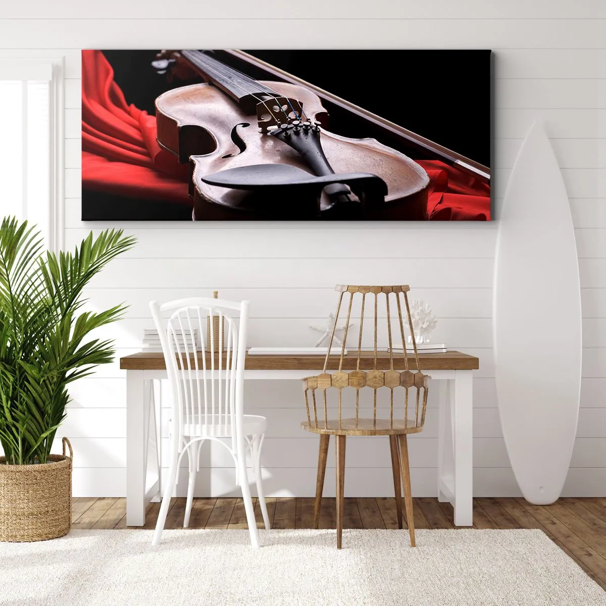 Impression sur toile - Image sur toile - Violon sur tissu rouge avec fond noir - 160x50cm - Musique des sentiments - Décoration murale moderne pour le salon et la chambre ARTTOR