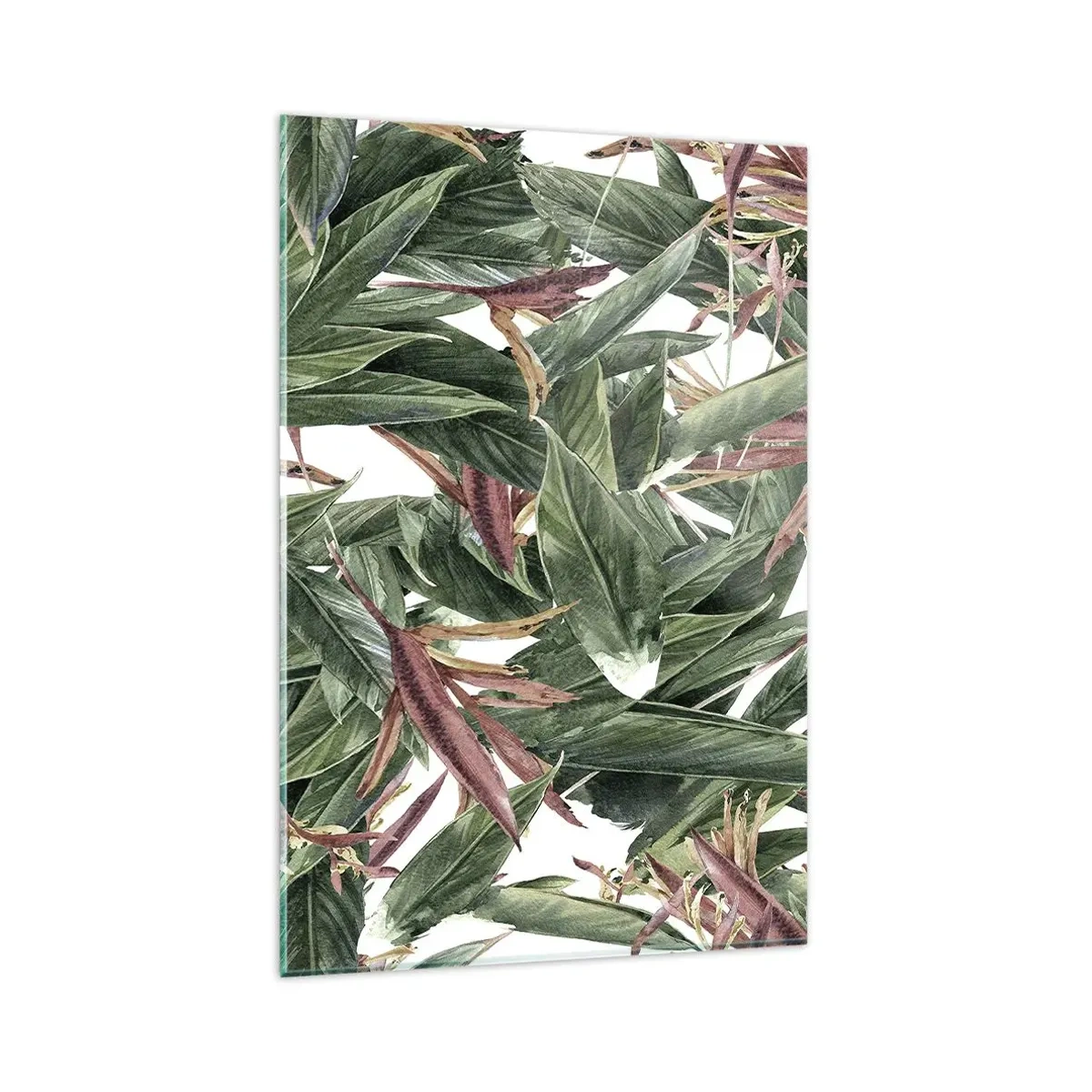 Impression sur verre - Image sur verre - Un motif de feuille décoratif dans des tons de vert et de bordeaux sur un fond clair - 80x120cm - Arbuste émeraude-lilas - Décoration murale moderne pour le salon et la chambre ARTTOR