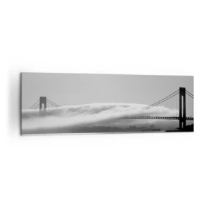 Impression sur toile - Image sur toile - Un pont sur l'eau enveloppé de brouillard dans une photo en noir et blanc - 160x50cm - Naviguez à travers les Portes des Étoiles - Décoration murale moderne pour le salon et la chambre ARTTOR