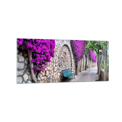 Impression sur verre - Image sur verre - Un chemin de pierre avec un banc et des fleurs violettes en fleurs - 120x50cm - Rencontrons-nous au plus vite - Décoration murale moderne pour le salon et la chambre ARTTOR