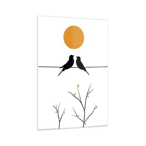 Impression sur verre - Image sur verre - Oiseaux sur une ligne avec un soleil jaune - 70x100cm - Soirée pour rossignols - Décoration murale moderne pour le salon et la chambre ARTTOR