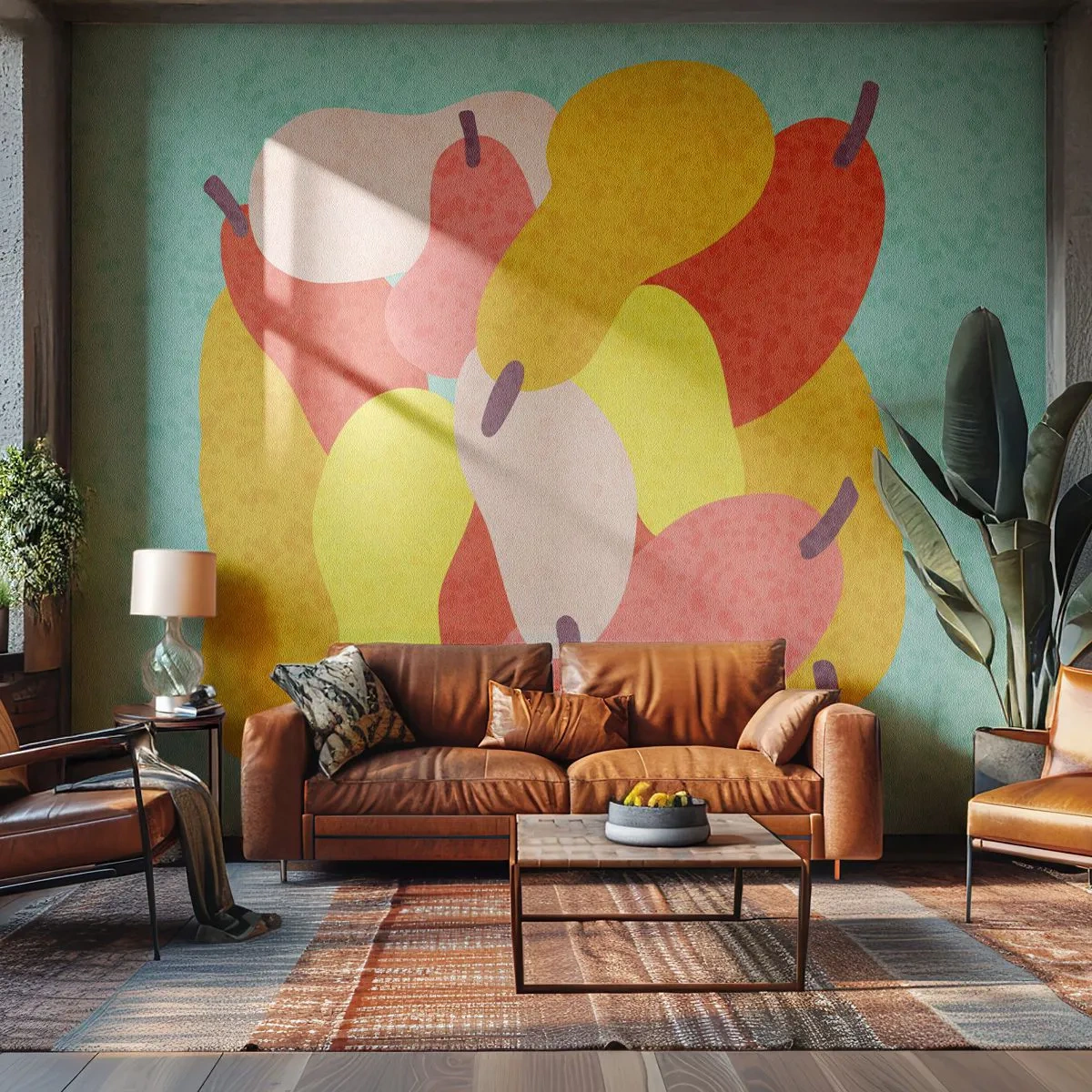 Papier Peint Photo Premium Sand - Poires abstraites colorées sur un fond couleur menthe - 100x70cm - Essayez le soleil d'été - Décoration murale moderne pour le salon et la chambre ARTTOR