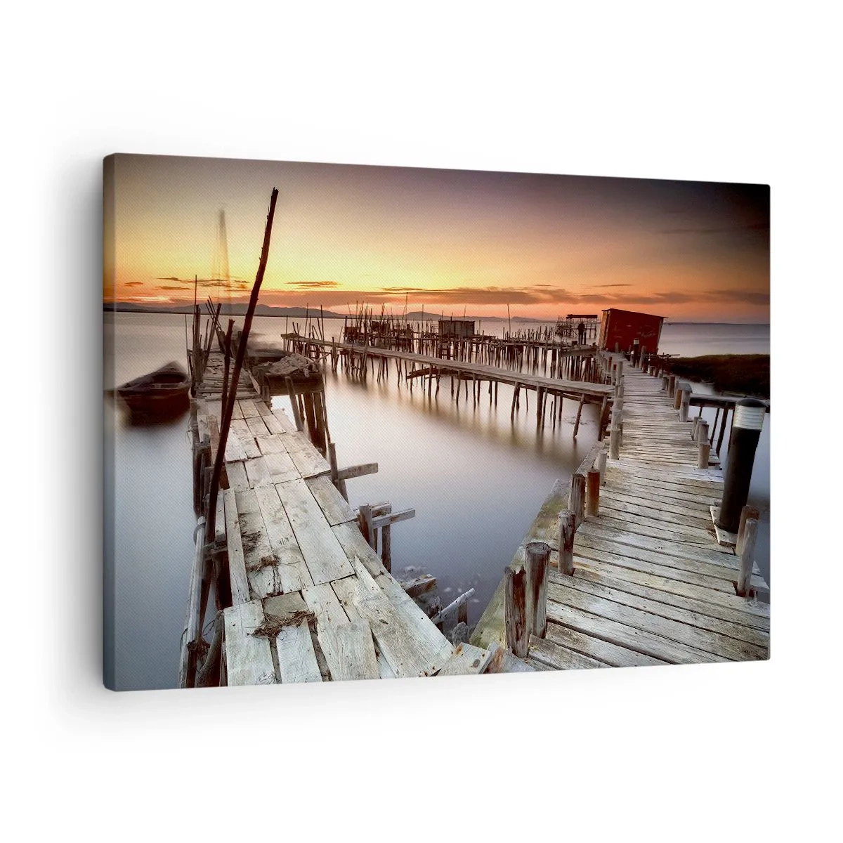 Impression sur toile - Image sur toile - Jetées en bois sur une eau calme au coucher du soleil - 70x50cm - Authentique, pas un attrape touristique - Décoration murale moderne pour le salon et la chambre ARTTOR