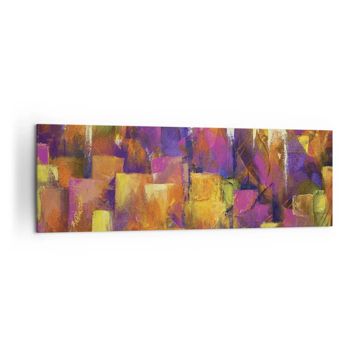 Impression sur toile - Image sur toile - Composition abstraite d'une métropole dans les tons jaune et violet - 160x50cm - Composition métropolitaine - Décoration murale moderne pour le salon et la chambre ARTTOR