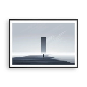 Affiche dans un cadre noir - Poster - Un paysage minimaliste avec une silhouette à côté d'un monolithe rectangulaire - 100x70cm - Opportunité ou menace ? - Décoration murale moderne pour le salon et la chambre ARTTOR