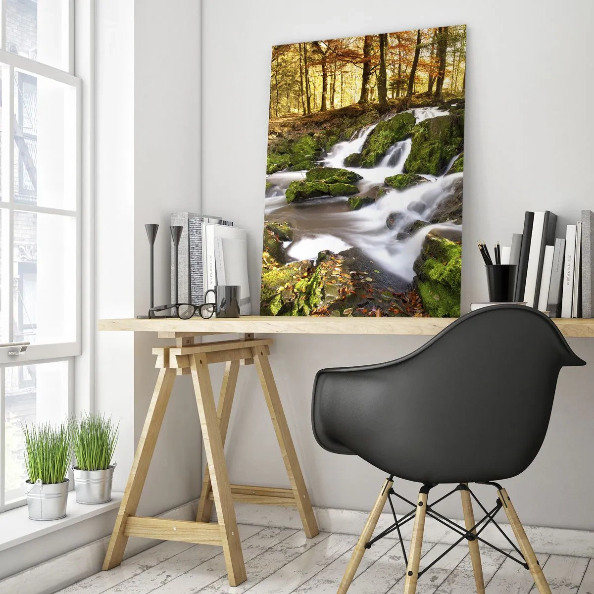 Impression sur verre - Image sur verre - Un ruisseau forestier avec des cascades dans un paysage d'automne - 50x70cm - Rapidement à travers la forêt d'automne - Décoration murale moderne pour le salon et la chambre ARTTOR