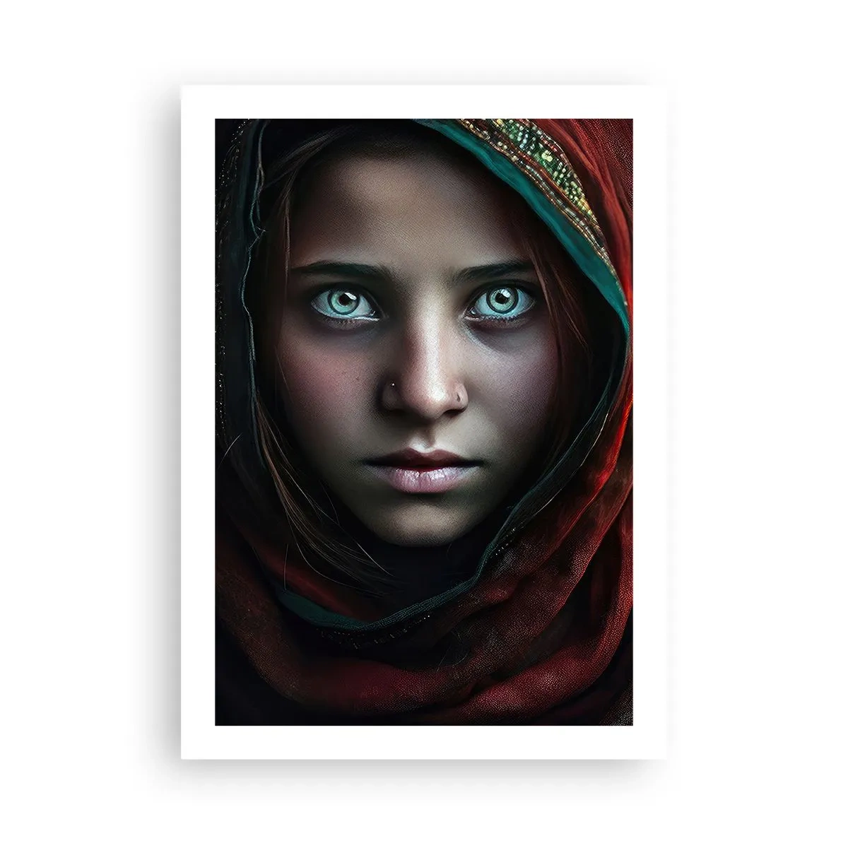 Affiche - Poster - Portrait d'une fille dans un châle rouge avec des yeux hypnotisants - 50x70cm - Princesse orientale - Décoration murale moderne pour le salon et la chambre ARTTOR