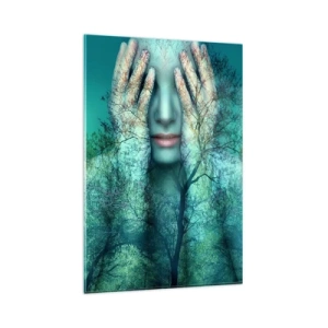 Impression sur verre - Image sur verre - Une figure de femme avec un motif d'arbre sur un fond de paysage turquoise - 80x120cm - immergé dans l'azur - Décoration murale moderne pour le salon et la chambre ARTTOR