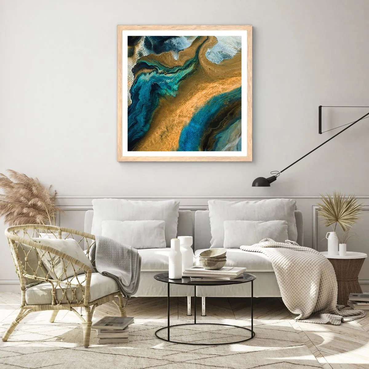 Affiche dans un chêne clair - Poster - Bleu - jaune - influences mutuelles - 50x50 cm