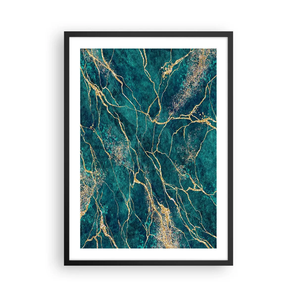 Affiche dans un cadre noir - Poster - Veines d'or abstraites sur un fond de marbre vert - 50x70cm - Mine d'or - Décoration murale moderne pour le salon et la chambre ARTTOR