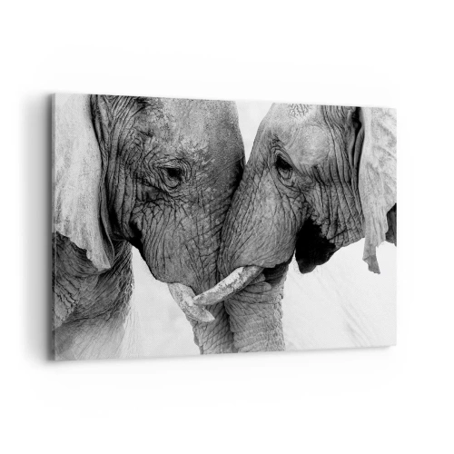 Impression sur toile - Image sur toile - Deux éléphants dans un geste tendre sur un fond monochrome - 120x80cm - Confession sincère - Décoration murale moderne pour le salon et la chambre ARTTOR