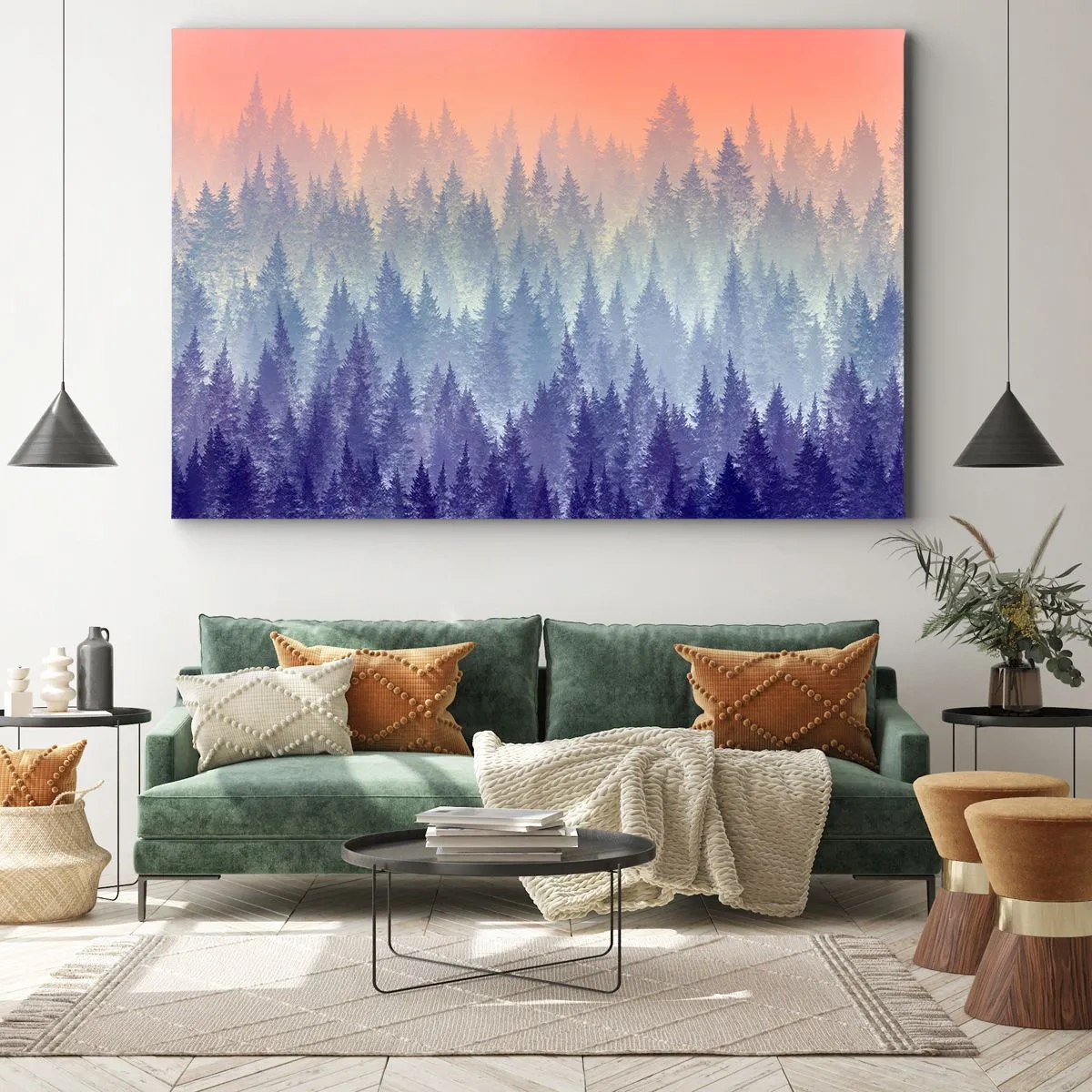 Impression sur toile - Image sur toile - Une forêt brumeuse aux tons violets et orange - 100x70cm - Haut, plus haut, vers le ciel - Décoration murale moderne pour le salon et la chambre ARTTOR