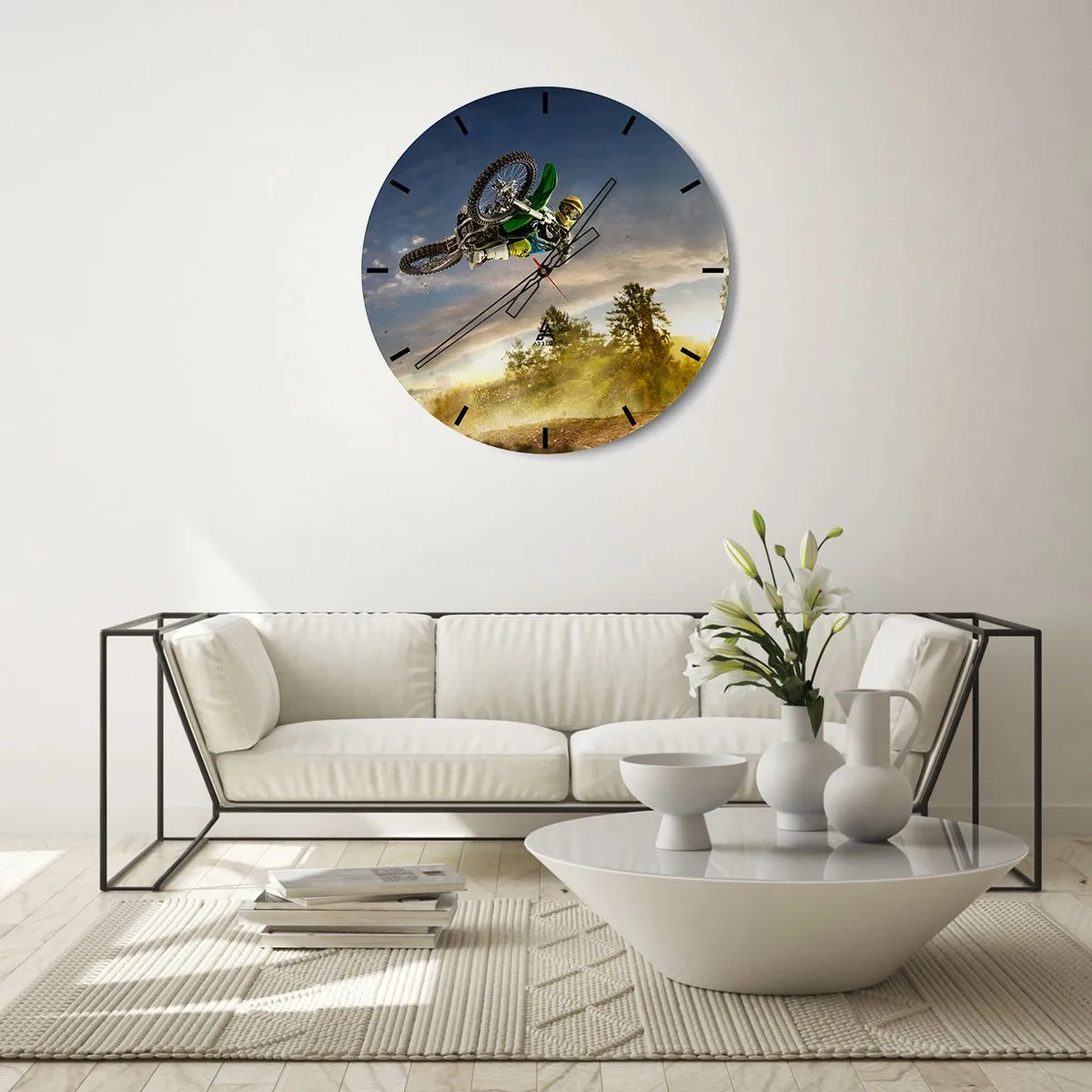 Horloge murale - Pendule murale - Motocross sur fond de soleil couchant - 30x30cm - Activez les émotions ! - Décoration murale moderne pour le salon, la cuisine et la chambre ARTTOR